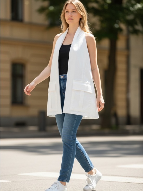 Zara Tops - Zara White Sleeveless Long Vest with Patch Pockets